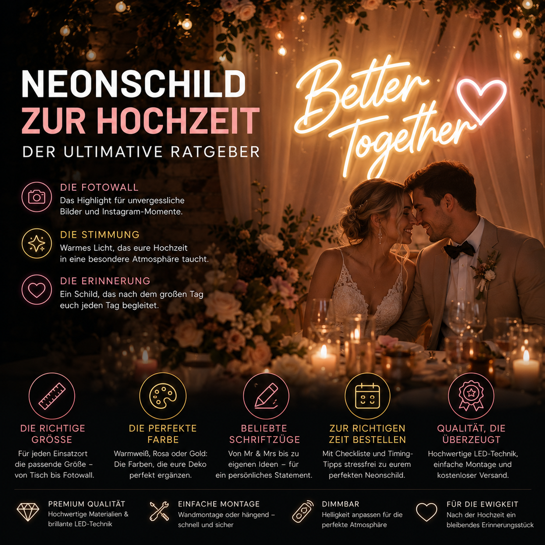 Neonschild Hochzeit: Mr & Mrs Schriftzug als LED-Neonschild für die Hochzeitsfeier als romantische Fotowall