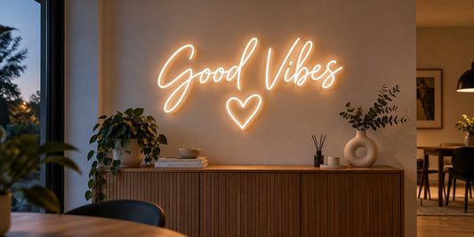 LED-Neonschild über einem Sideboard als Größenbezug an einer Wohnwand