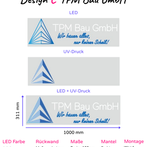 Individuelles LED-Neonschild 'TPM Bau GmbH - Wir bauen alles, nur keinen Scheiss'
