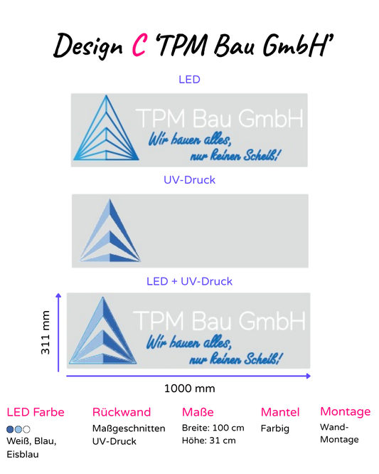 Individuelles LED-Neonschild 'TPM Bau GmbH - Wir bauen alles, nur keinen Scheiss'