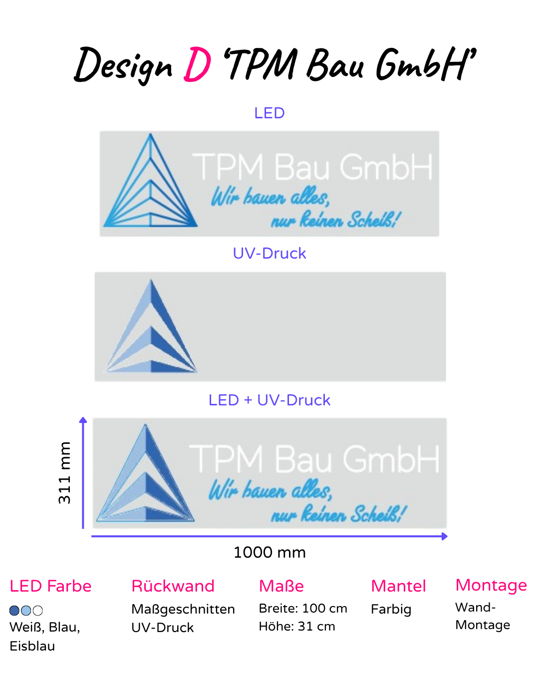 Individuelles LED-Neonschild 'TPM Bau GmbH - Wir bauen alles, nur keinen Scheiss'
